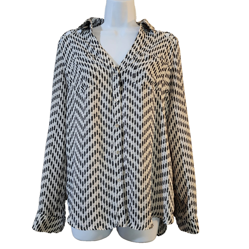 Candies Womens Blouse Size S White Black Long Sleeve Button Down Cutout Shoulder
